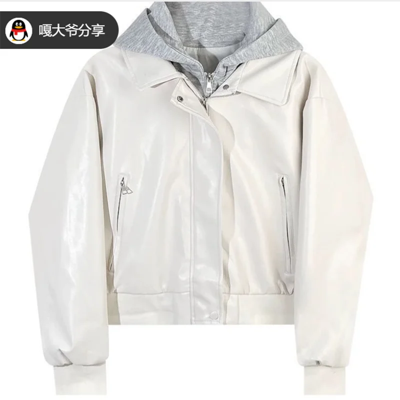 Korean Fashion Splice Design Hat Jacket Women's Spring 2026 Versatile Leather Jacket Fake Two-Piece Outerwear