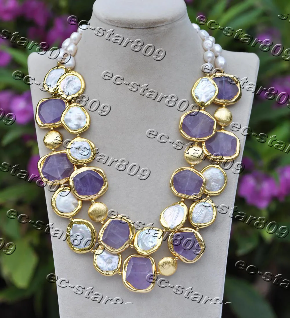 

Z11426 2Row 20" 30mm Gold-plating Square Amethyst Coin White Pearl Necklace
