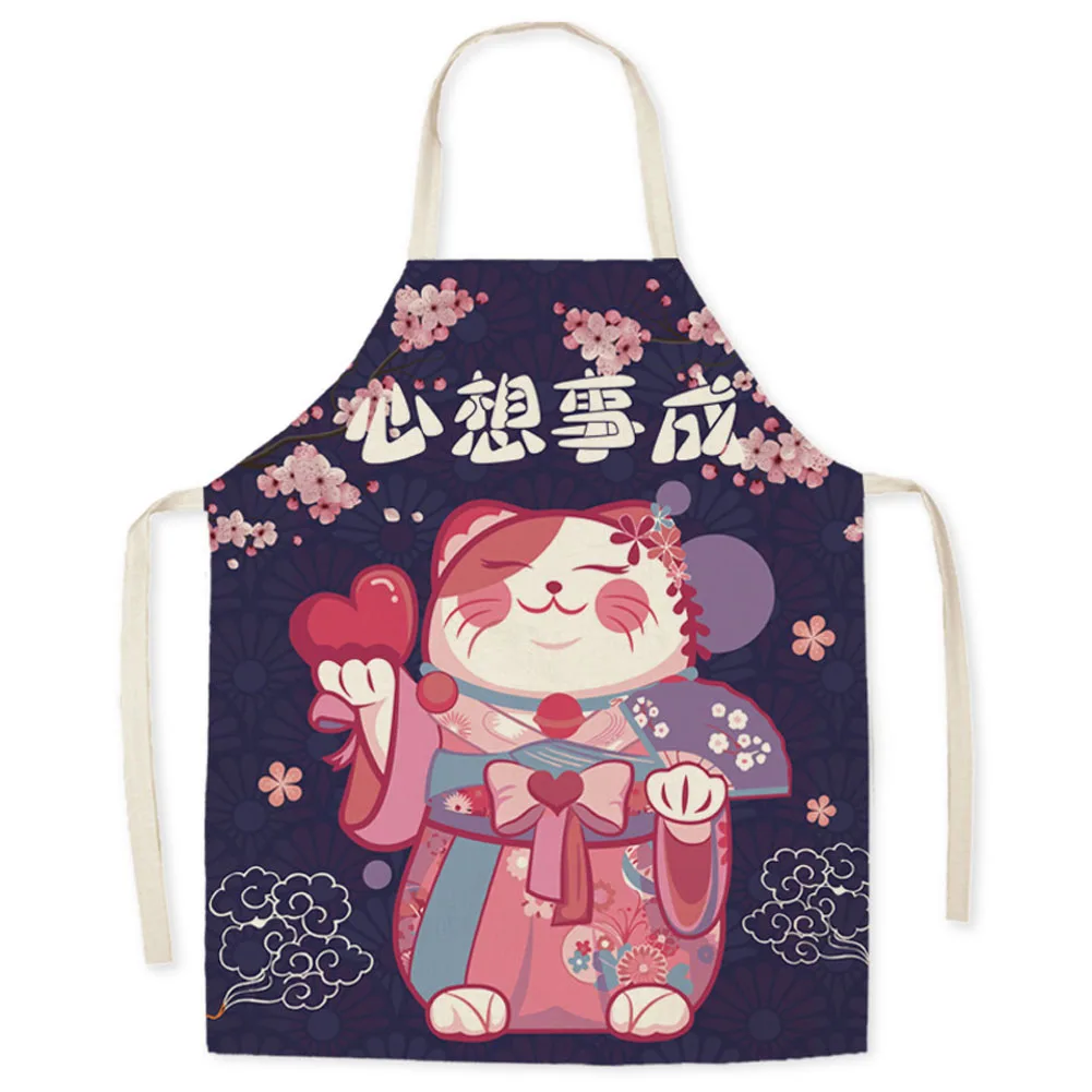 Japanese Style Apron For Women Cotton Linen Cartoon Cat Household Cleaning Kitchen Cooking Baking Restaurant Oil-proof Aprons new hot fashion aprons lady women men adjustable cotton linen high grade kitchen apron for cooking baking restaurant aprons