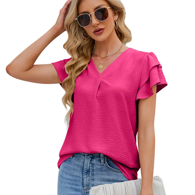 

Fashion Summer Women T-Shirt Elegant Solid Ladies Tee Casual V-Neck Chiffon Lotus Leaf Short Sleeve Female Tops S-2XL T Shirt