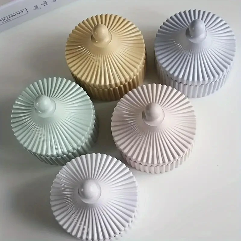 2Pcs Candle Jar Silicone Mold With Lid,Round Stripe Storage Jewelry Box Silicone Mold For Making Plaster Concrete Storage Box