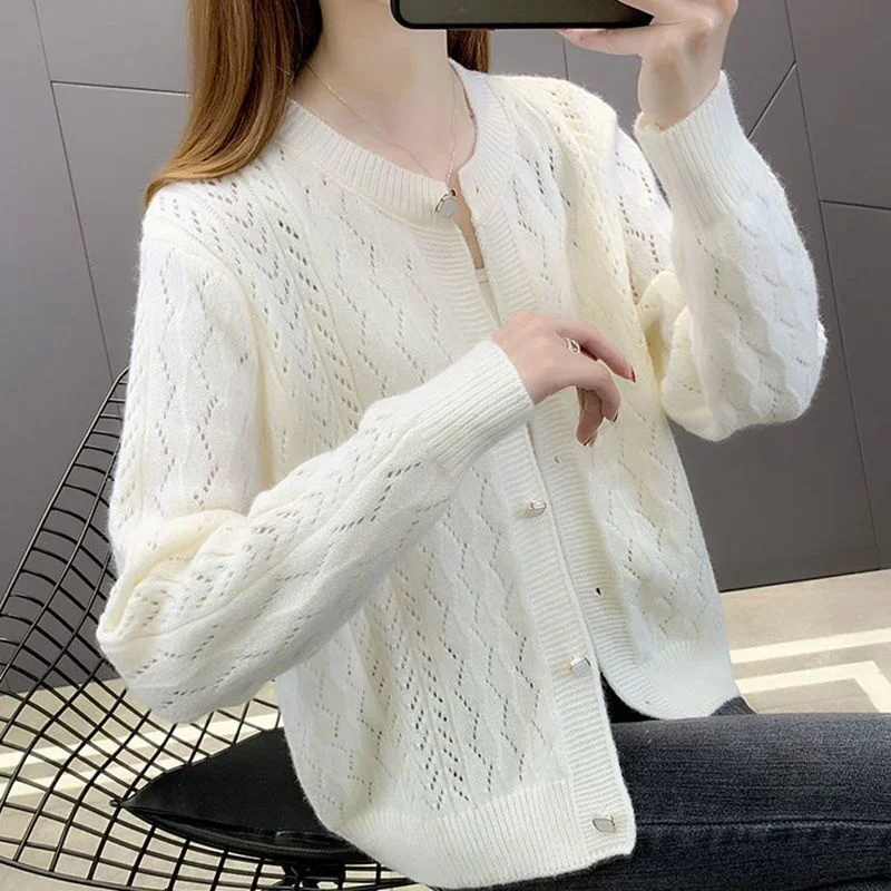 

Ladies Spring Clothes Openwork Round Neck Sweater Leisure Loose Knit Jacket Single-breasted Fashion Harajuku Retro Grace Thread