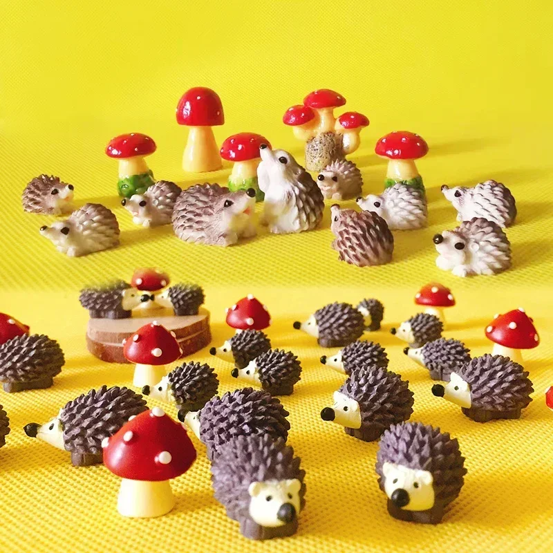 15Pcs Hedgehog with Mushrooms Cute Animal Fairy Garden Gnome Moss Terrarium Crafts Home Decor Diysupplies Figurine