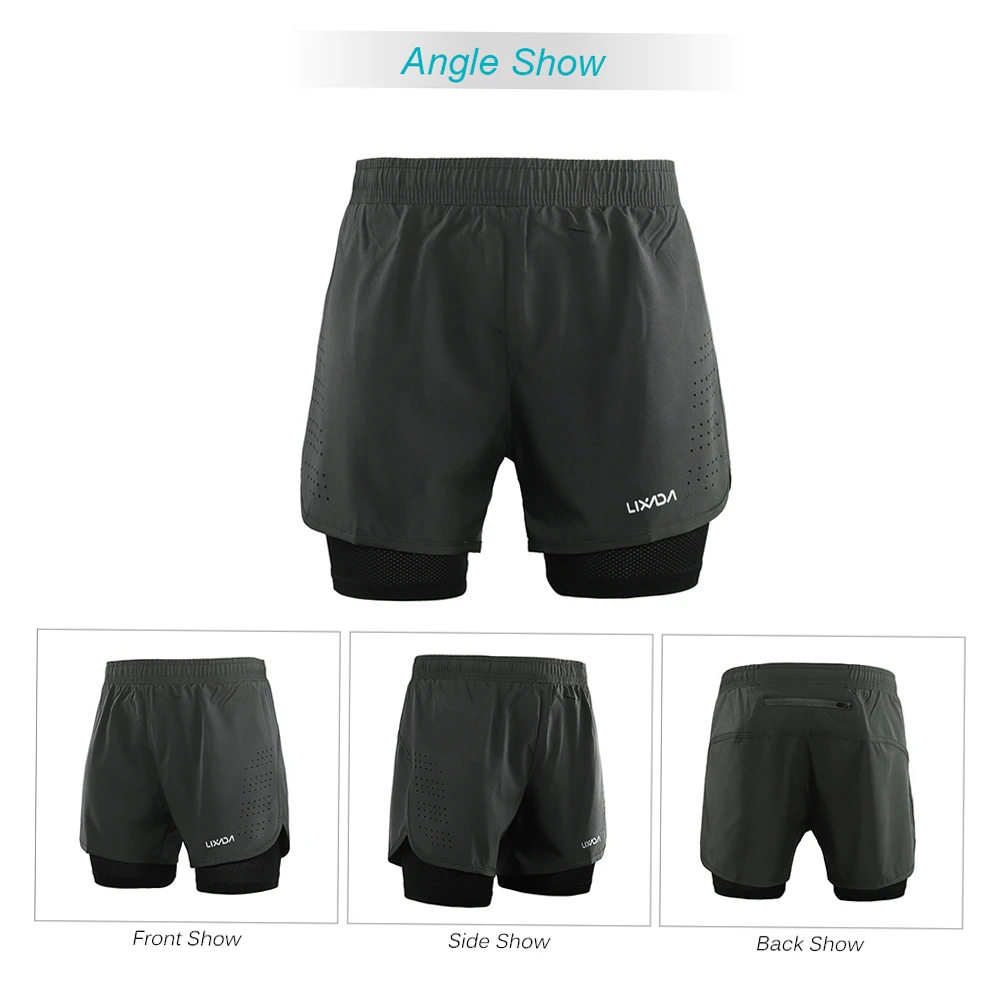 Lixada Men 2-in-1 Running Shorts Quick Drying Breathable Training Exercise Cycling Shorts with Longer Liner Running Short
