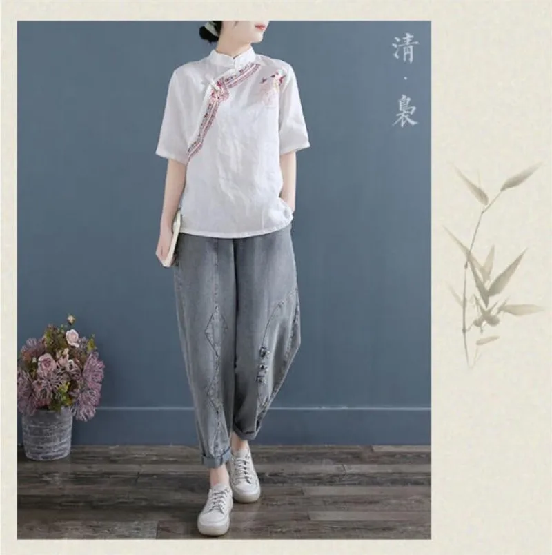 Traditional Chinese Shirt Retro Folk Tea Clothing China Style Tops Embroidery Women Daily Cotton Linen Blouse Spring Summer