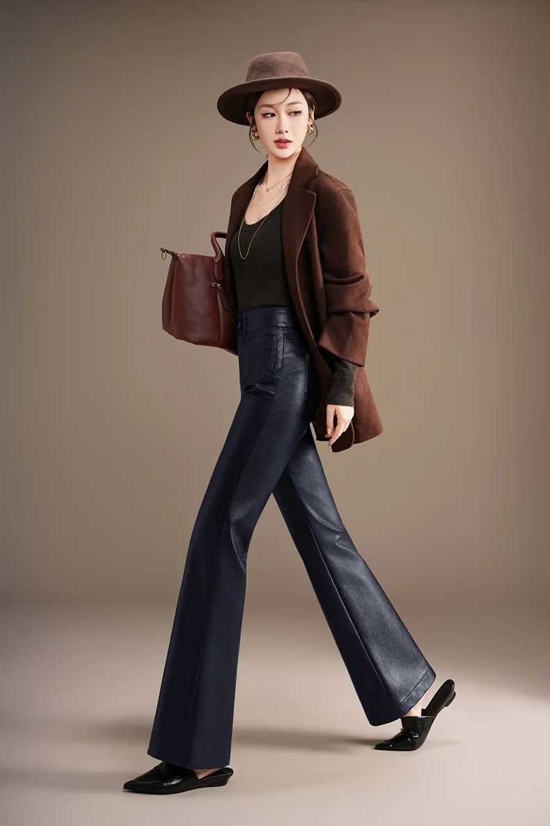 ZUZK Fashion Slimming Pu Leather Flare Pants New Women High Waist Flare Pants PU Leather Trousers Large Size Fashion Warm Pants 74 S4997b8f7c1be4e4f8efc6946946565f4b