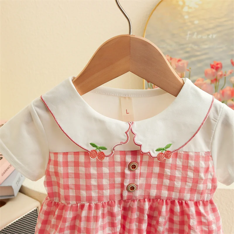 Baby Girl Dress Short Sleeved Cherry Collar Plaid For 6-24 Months girls dress,baby girl dress