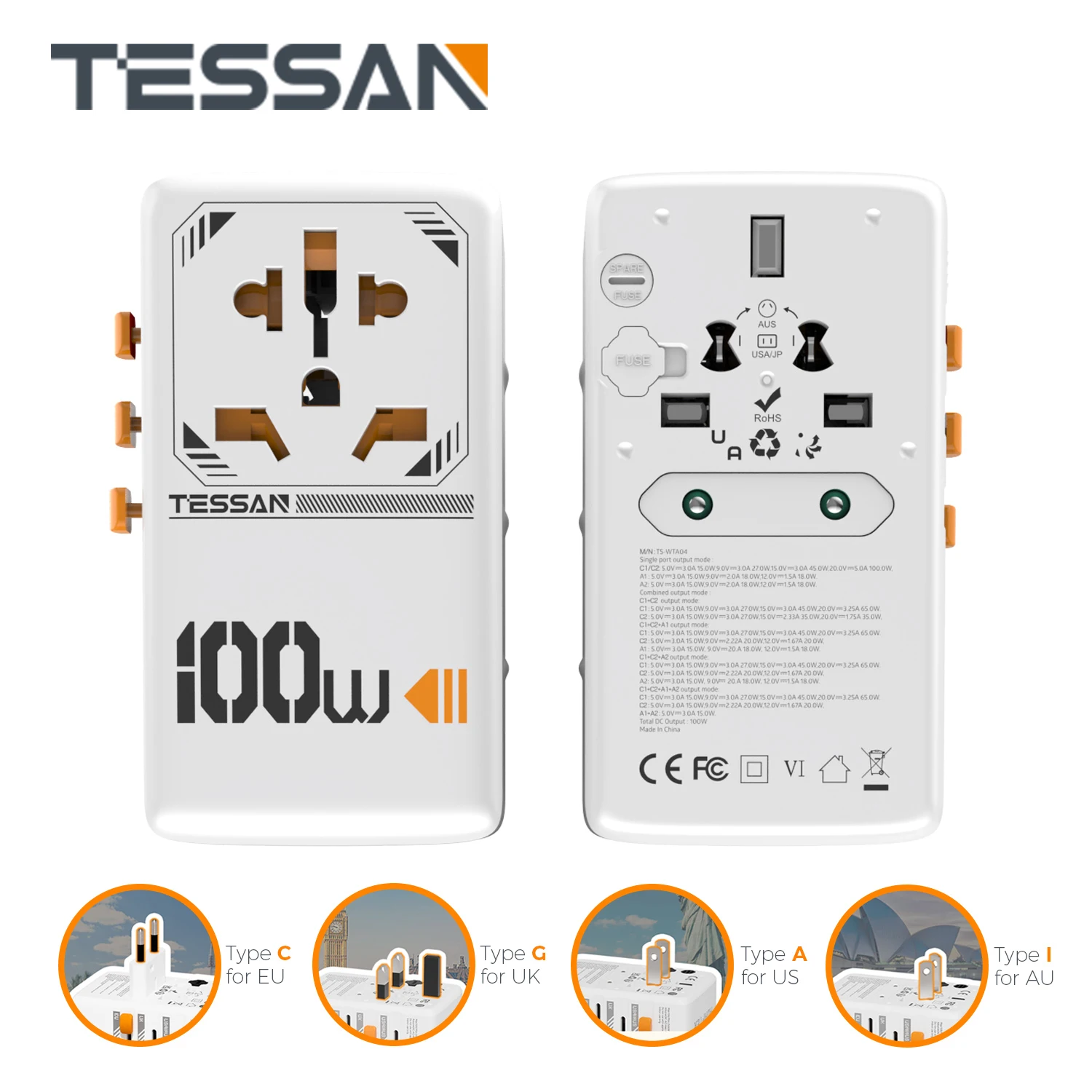 

Дорожное зарядное устройство TESSAN, 100 Вт, с USB-портом и Type-C