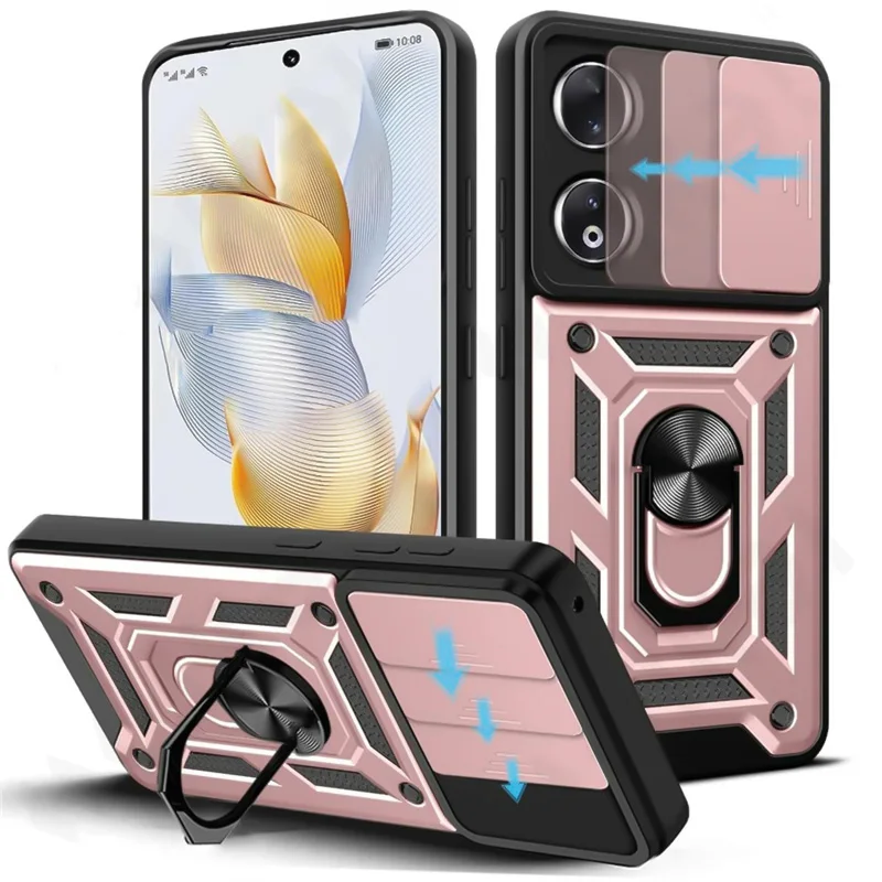 Armor Shockproof Phone Case with Magnetic 360-Degree Ring Holder and Slide Lens Cover