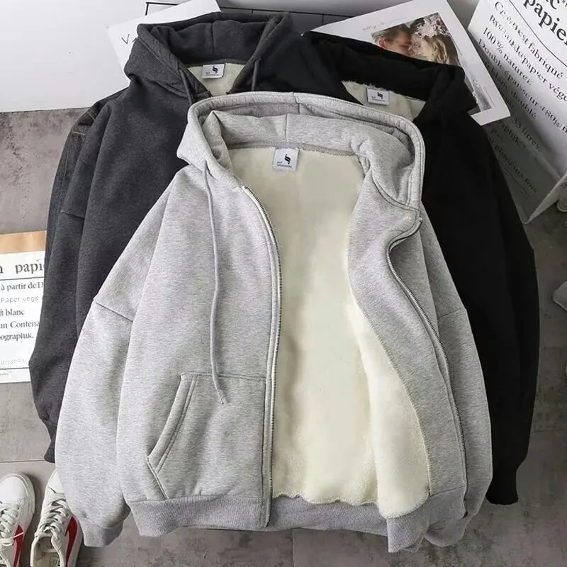 Men's Fleece Lined Hooded Thickened Long Sleeve Open Cardigan Street Style Sweatshirt Large Size Casual Cotton Jacket
