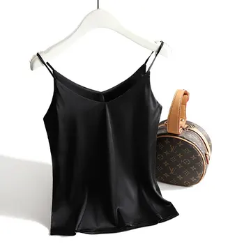 بلوزة سباغيتي نسائية ، رقبة على شكل حرف V ، كامي أبيض أساسي ، توبات بدون أكمام من الحرير الساتان ، قميص قصير صيفي نسائي ، 3