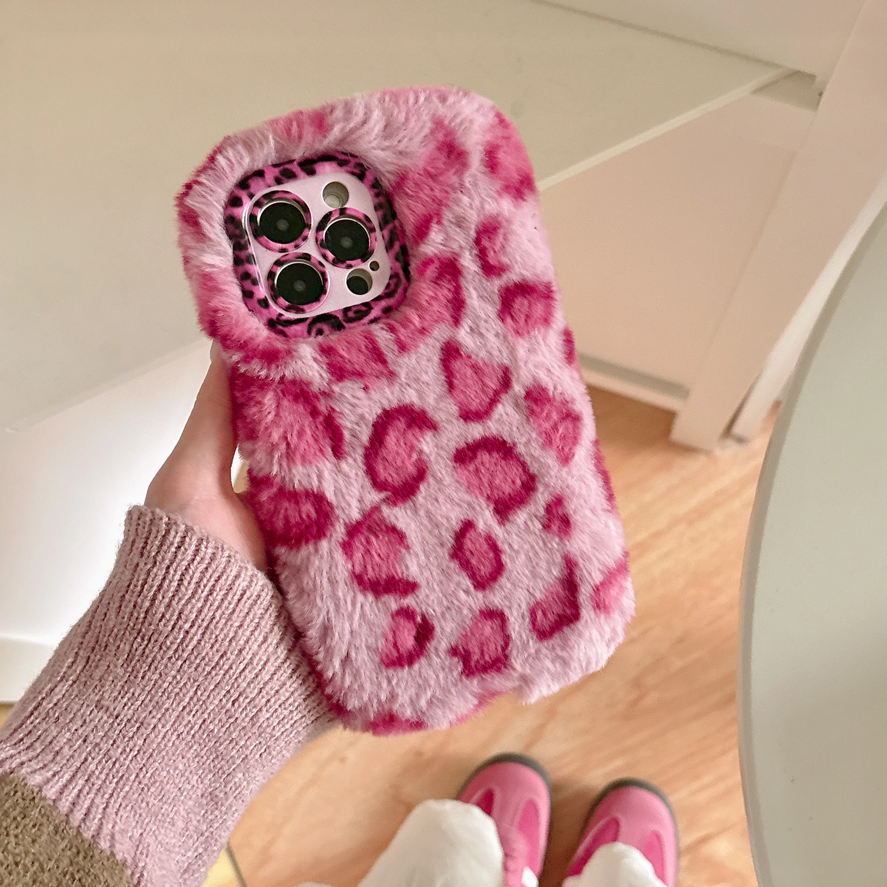 Leopard Fluffy Fur Case with Kickstand and Camera Lens Protection