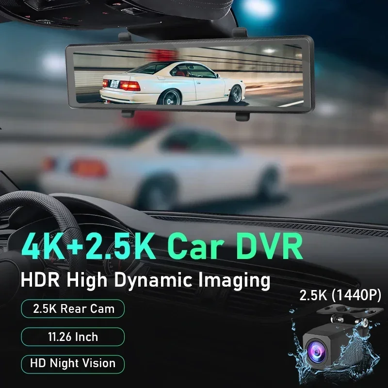 Jansite 11.26" Car DVR 4K Dash Cam 2.5K Rear Camera Time-lapse Video Recorder 2160P Dual Lens Rear View Camera Park Monitoring dash cam
