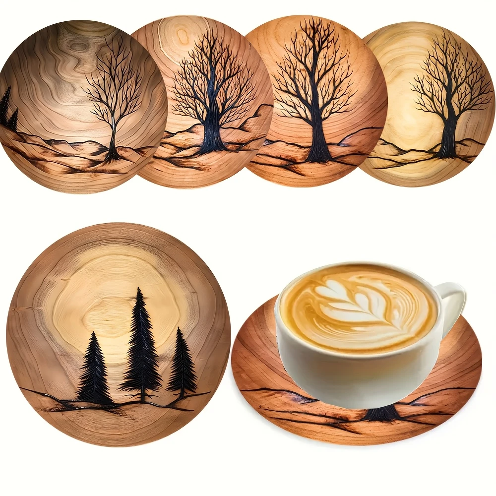 2D Isıya Dayanıklı Kahve Kupası ve Retro Hayat Ağacı Temalı Ahşap Bardak Altlığı Seti Dekoratif Cam Bardak Altlığı Ev Mutfak Dekor Hediyesi