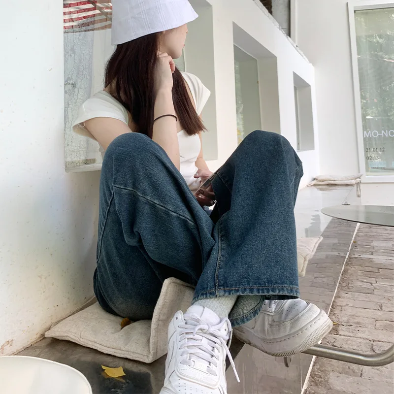 Retro Blue High Waist Jeans for Women Summer Autumn 2023 New Loose Straight High Street Wide Leg Pants Fashion Loose Trousers