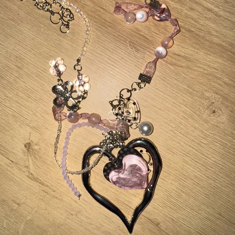 Y2K Jewelry Pink Heart Polka Dot Flower Pendant Necklace for Women Vintage Kawaii Accessories Chain Punk Korean Fashion Necklace 5