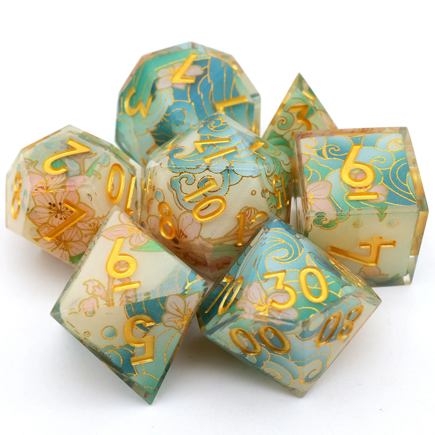 Enchanting DND Dice Set with Ocean Wave & Peach Blossom Designs-Perfect for Board Game RPG & Tabletop Gaming Adventures-F2 game dice dice set acrylic dice