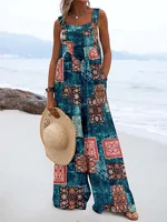 2024 European and American women's summer new digital printed jumpsuit with fashionable ethnic style buttons - Image 6