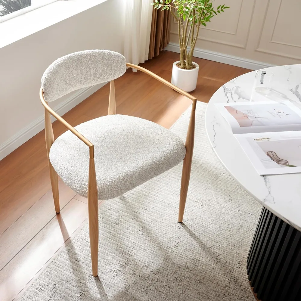 Boucle Dining Chairs Set of 2, Modern Armchairs with Wood Grain Metal Legs for Kitchen, Living Room, Restaurant 5