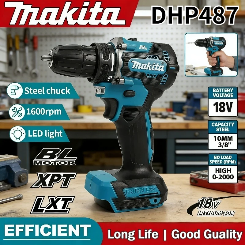 Makita DHP487 perceuse à percussion sans fil rechargeable sans balais, tournevis électrique à couple élevé, outil électrique pour batterie Makita 1 Makita DHP487 perceuse à percussion sans fil rechargeable sans balais, tournevis électrique à couple élevé, outil électrique pour batterie Makita 1