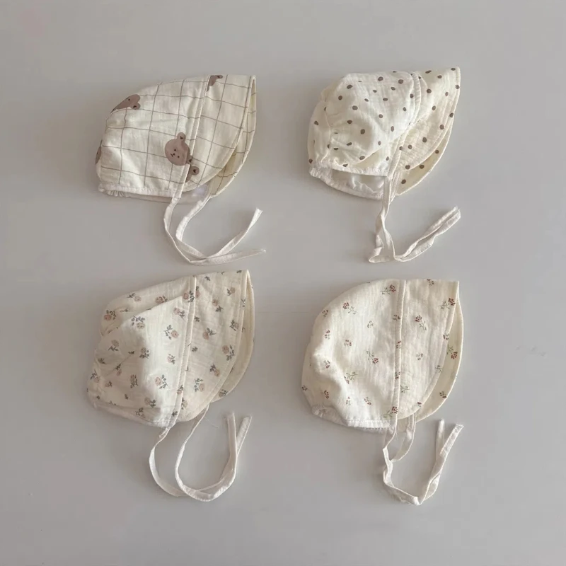 Korean Print Baby Sun Hat Cute Flower Cherry Infant Girls Princess Cap Spring Autumn Cotton Newborn Ear Protection Caps Bonnet