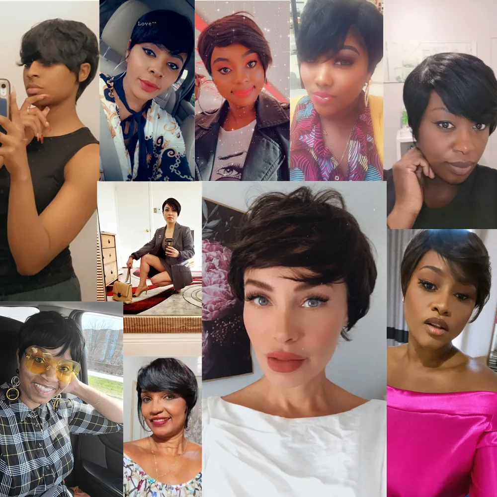 Perucas de Cabelo Brasileiro para Preto Humano Curto Pixie Corte Reto Remy Cabelo Máquina Feita Destaque Cor Barato Glueless Peruca 2 Computers & Electronics