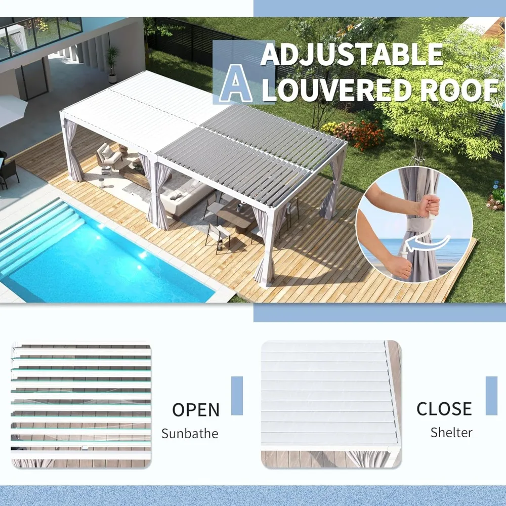 Louvered Pergola 10x20, Aluminum Pergola with Adjustable Waterproof Roof, Outdoor Pergola with Curtains and Netting Gazebos 2
