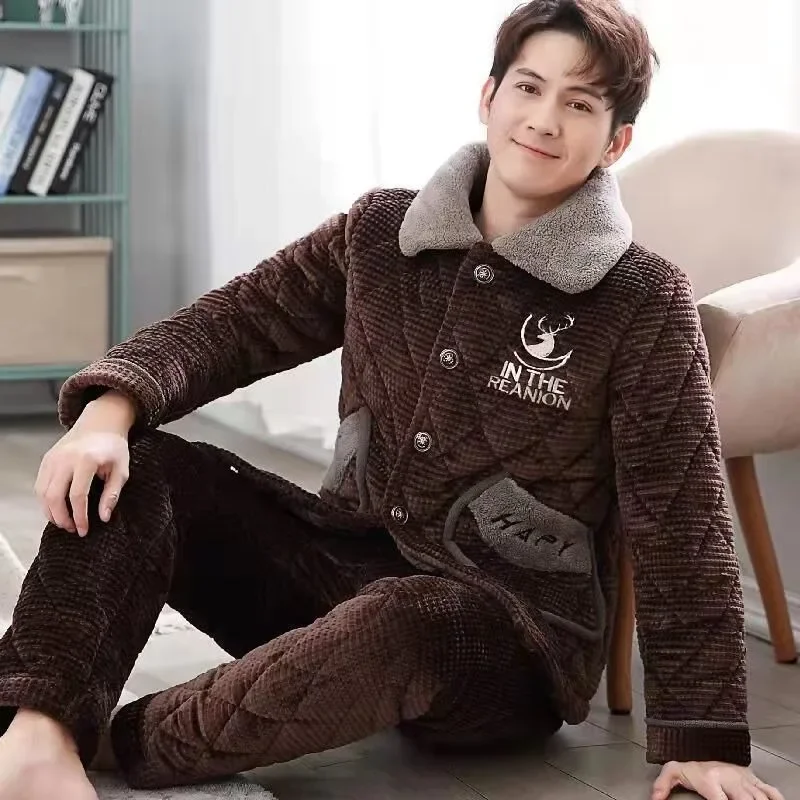2024 New Pajama Men Winter Three-layer Padded Coral Velvet Loungewear Padded Cotton Plus Velvet Flannel Homewear Suit Autumn