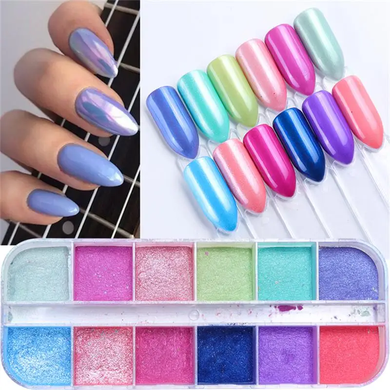 12grids/Box Glitter Magic Mirror Dust Powder Chameleon Aurora Nail Art Mirror Neon Chrome Fluorescent Effect Pigment Nail Decor