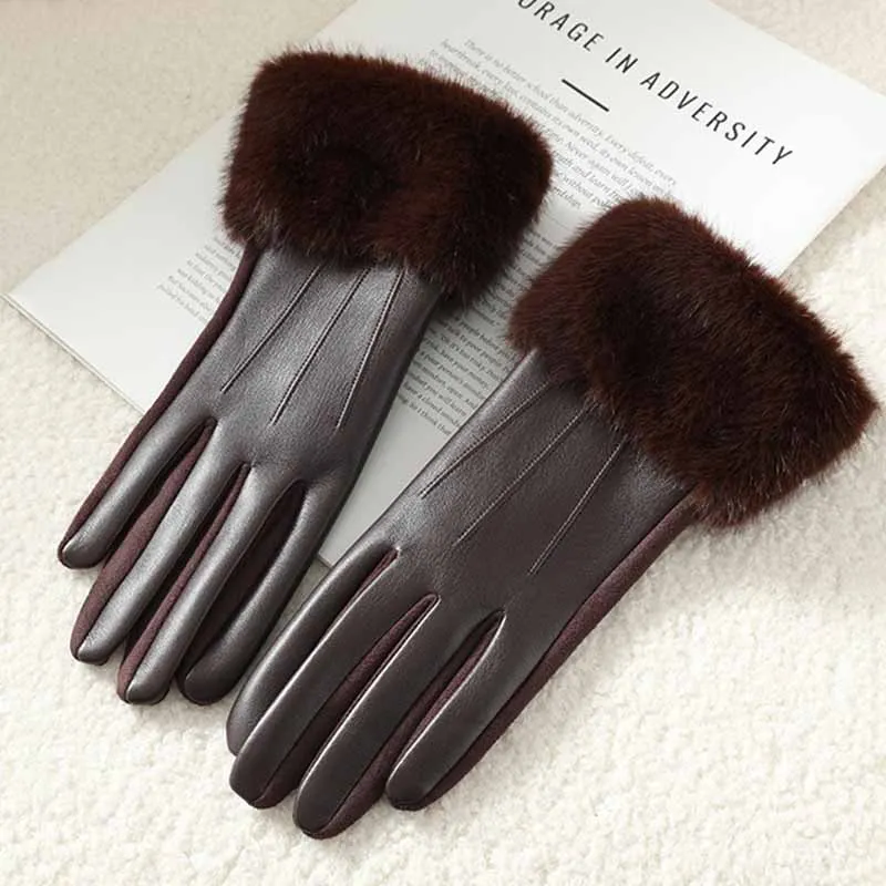 Luxury Women's PU Leather Gloves with Faux Fur