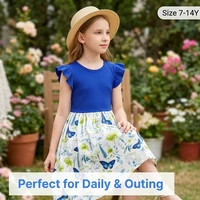 Robe d'été pour filles de 7 à 14 ans, col rond, manches côtelées à volants, imprimé floral papillon, pour l'école quotidienne, décontractée, pour enfants, adorable 3