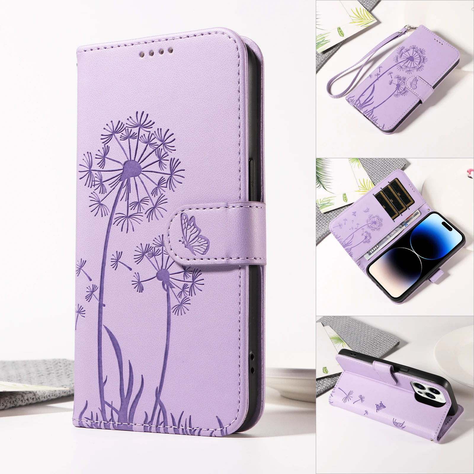Magnetic Wallet Flip Leather Case with Cat and Butterfly Embossed Design