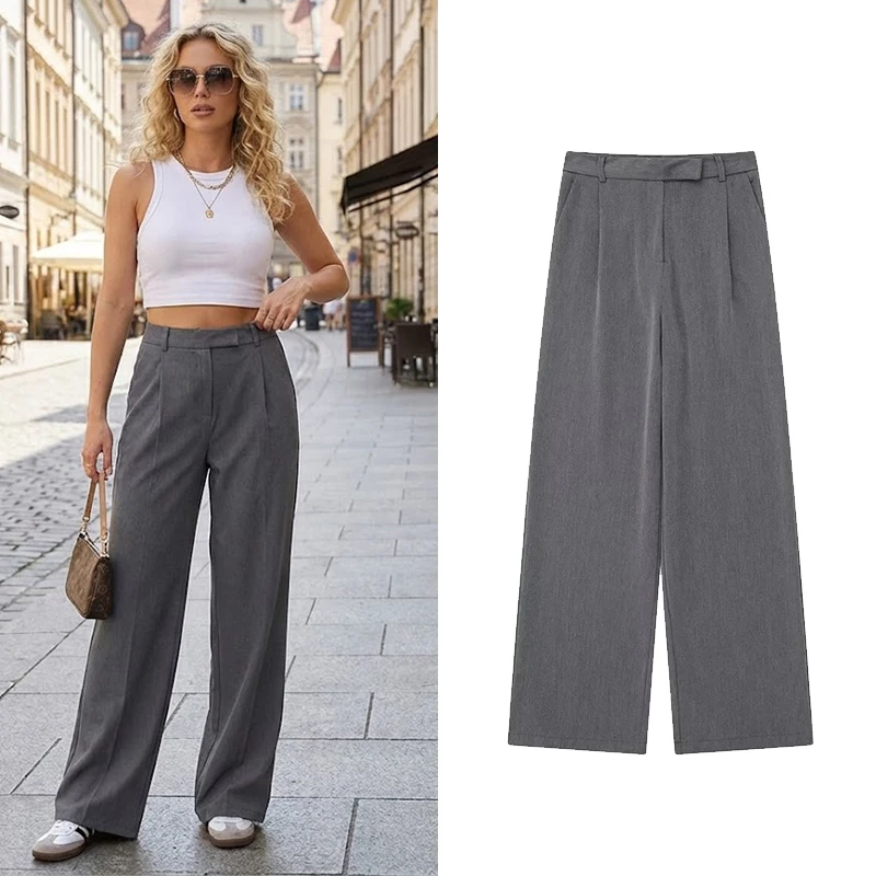 Willshela, Pantalones rectos lisos con cremallera frontal a la moda para mujer, pantalones Vintage de cintura alta de longitud completa para mujer, pantalones elegantes para mujer