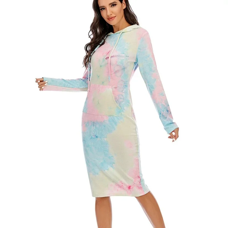 Tie Dye Long Hooded Sweatshirts Women Fashion Color Match Big Pocket Knee-Length Pullovers Autumn Winter Simple Casual Outwear