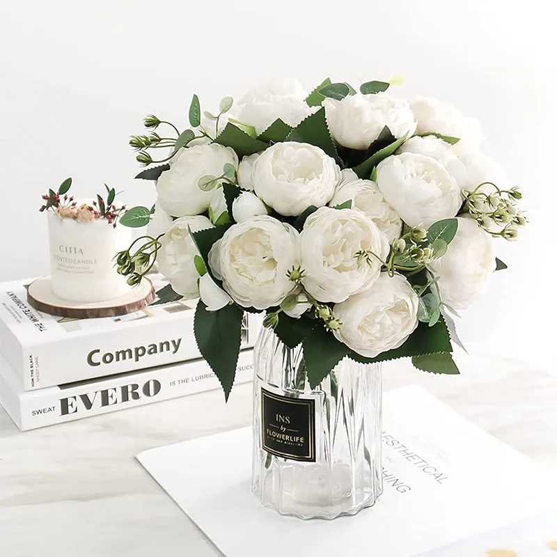 30cm Rose White Peony Artificial Flowers Bouquet 5 Big Head and 4 Bud