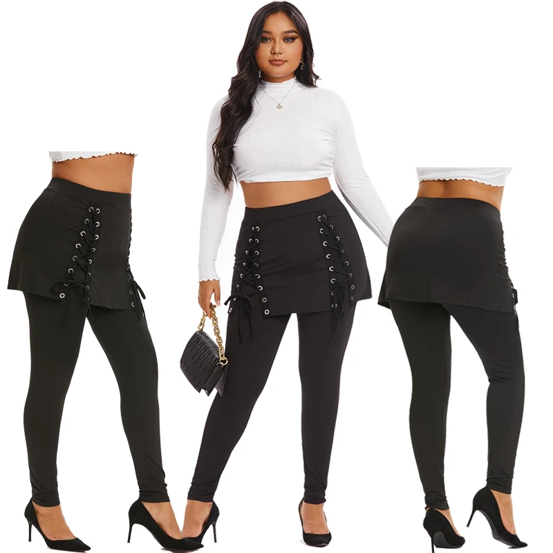 

ROSEGAL Plus Size Women Fall Winter Skinny Pants Black Trouser Mujer High Waist Lace Up 2 In 1 Skirted Leggings Fake Two-Pieces