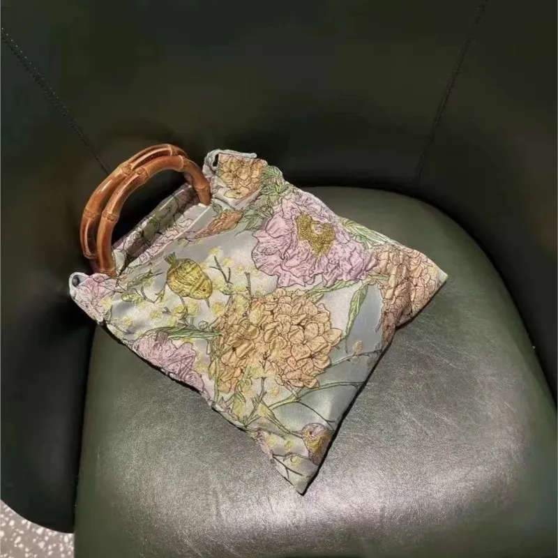 Green Peony Tote Bag Women Double Layer Bamboo Handle Large Capacity Shoulder Bags Ladies Vintage Elegant Gentle Crossbody Bag