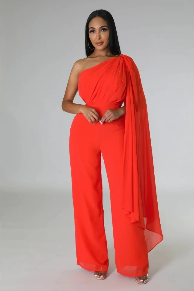 

Zoctuo Elegant One Shoulder Chiffon Jumpsuit 2023 Fashion Clock Long Sleeve Slim Red Wide Leg Jumpsuits Female Cocktail Party