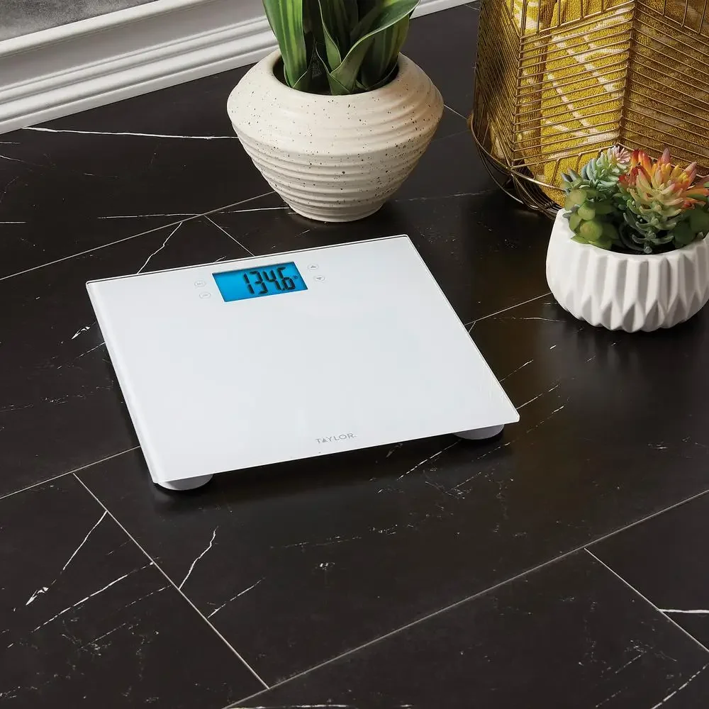 Glass Digital Wellness Scale with Weight Tracking BMI & Cal-Max 400 lb Capacity 11.8" Square Platform User Recognition White