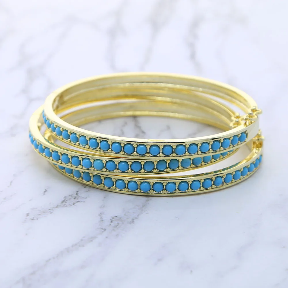 New Bezel Setting Small Beads Blue Turquoise Bangles for Women Brass with Gold Plated Color Classic Bracelet Fashion Jewelry 2