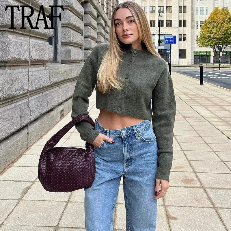 TRAF-cárdigan de punto para mujer, suéter corto de manga larga, color gris, para otoño e invierno, 2024