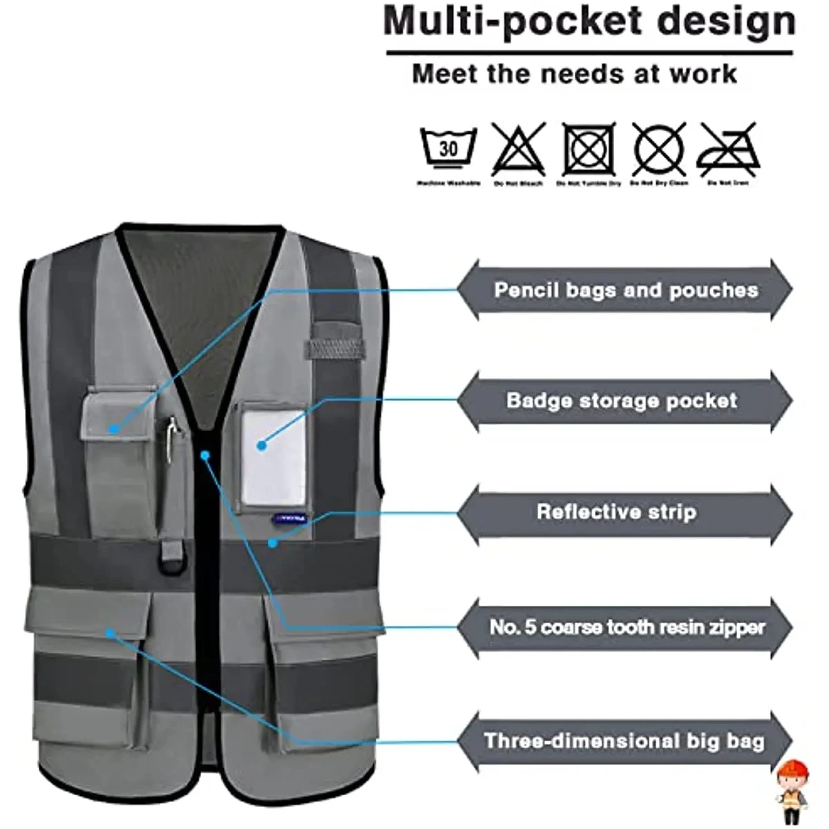 High Visibility Safety Reflective Vest with Pockets and Zipper A-SAFETY Hi Viz Work Vest For Men Women Grey XXL