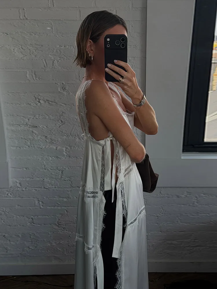 Spitzen-Patchwork-Slip-Kleid für Damen, sexy, ärmellos, rückenfrei, seitlich geschnürt, mit Aussparungen, Party- und Abendkleider, schicke Damenkleider