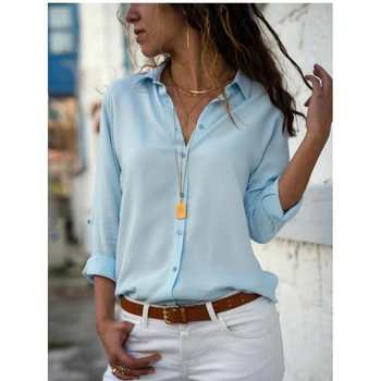 Autumn Shirt Women's Polo Collar Office Lady blouse Vintage Shirt Loose Button Up Down Shirts Fashion Tops 1