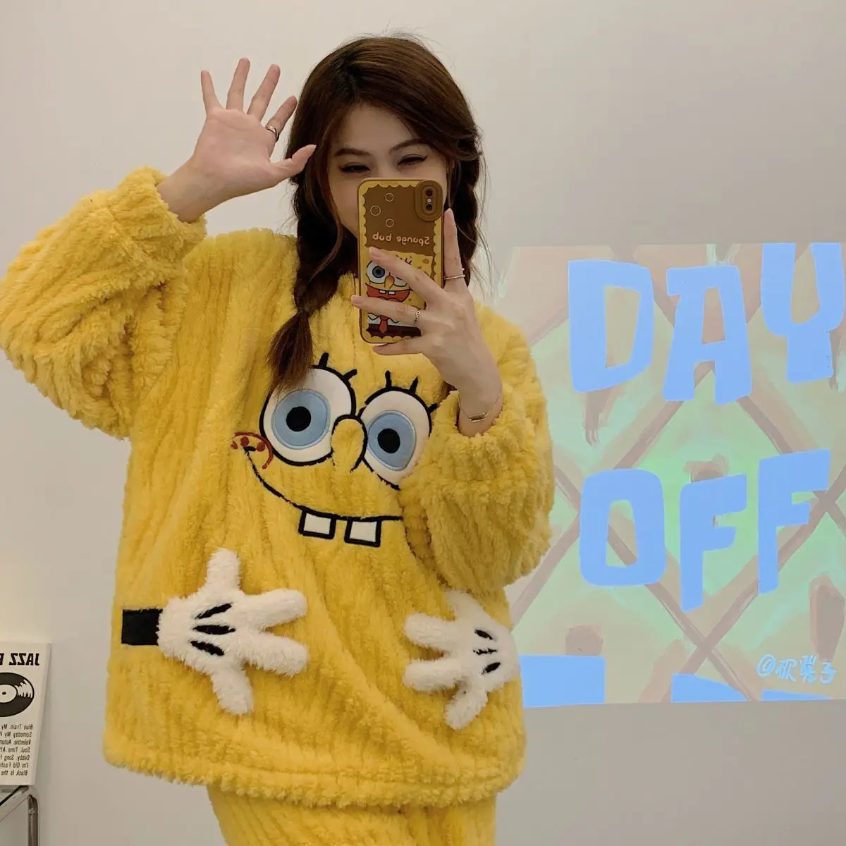 

Spongebob Squarepants Pajamas Set Kawaii Winter Flannel Warmth Thick Pajamas Cartoon Anime Homewear