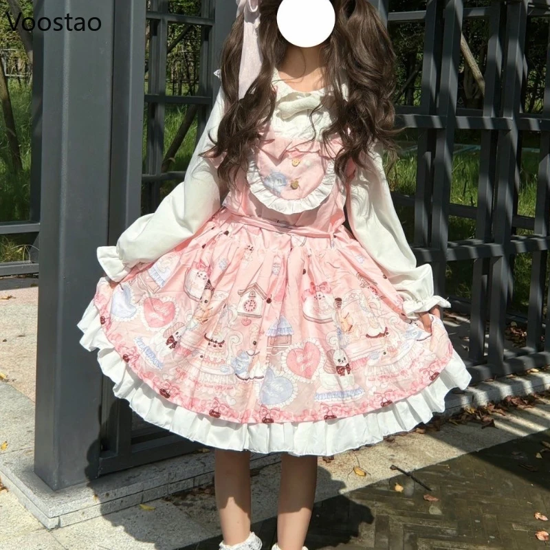 Japanese Sweet Lolita Jsk Dress Women Kawaii Cartoon Bear Print Sleeveless Party Mini Dresses Girls Harajuku Y2k Princess Dress
