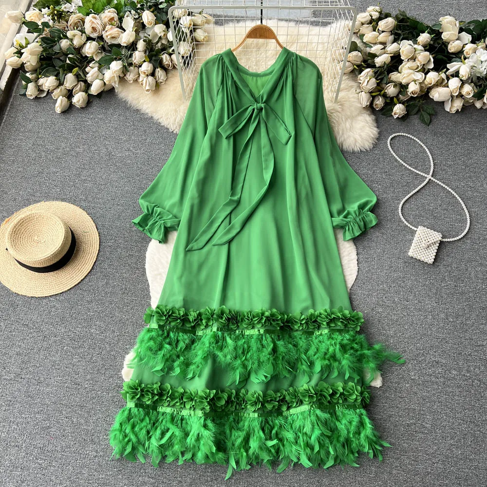 

2023 New Spring Summer Fashion Long Sleeve Loose Solid White Green Dress Tassels Y2k Chic Long Dress Female Vestidos SR814