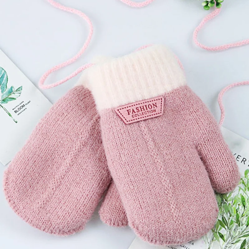 

Children Gloves Winter Solid Thicken Plus Velvet Halter Gloves For Kids Toddler Outdoor Keep Warm Knitted Mittens With Rope