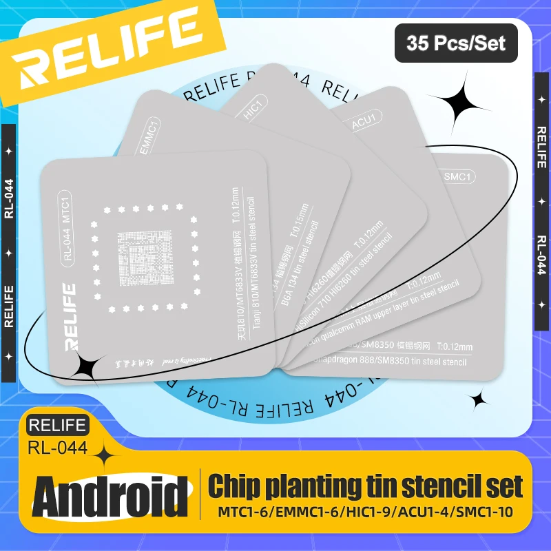 

RELIFE RL-044 Android CPU Tinned BGA Reballing Stencil Kits Set Solder for Android Kirin Qualcomm Hisilicon Snapdragon Dimensity