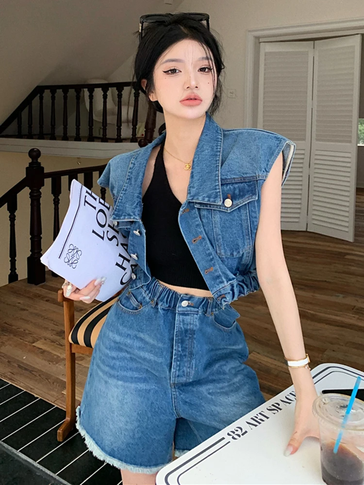 Two Piece Summer Denim Sets Women Fashion Vintage Sleeveless Waistcoat Jacket Female 2023 Ripped High Waist Elastic Waist Jeans